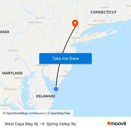 West Cape May to Spring Valley, Ny map