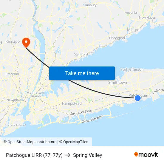 Patchogue LIRR (77, 77y) to Spring Valley map