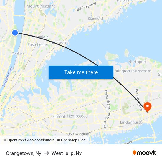 Orangetown, Ny to West Islip, Ny map