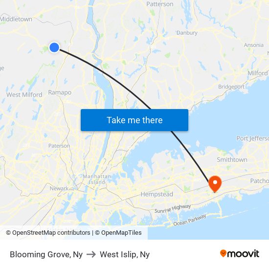 Blooming Grove, Ny to West Islip, Ny map