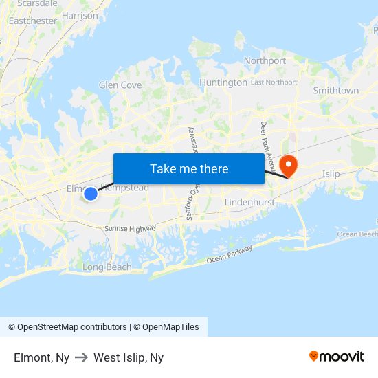 Elmont, Ny to West Islip, Ny map