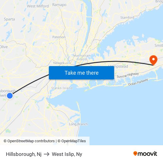 Hillsborough, Nj to West Islip, Ny map