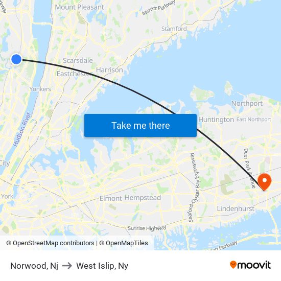 Norwood, Nj to West Islip, Ny map