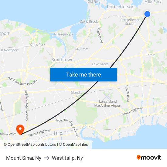 Mount Sinai, Ny to West Islip, Ny map