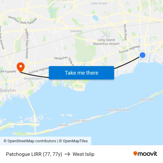 Patchogue LIRR (77, 77y) to West Islip map