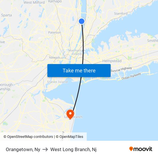 Orangetown, Ny to West Long Branch, Nj map