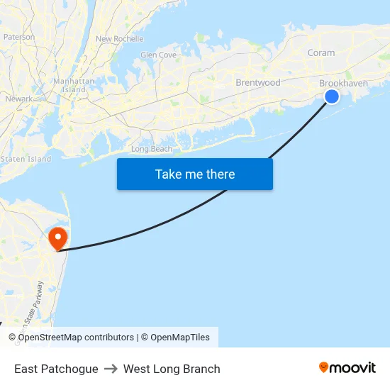 East Patchogue to West Long Branch map