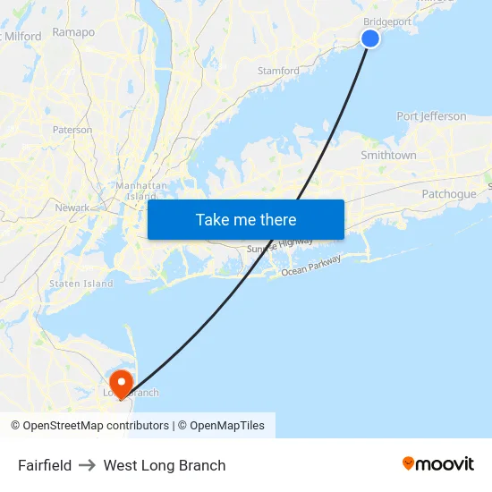 Fairfield to West Long Branch map