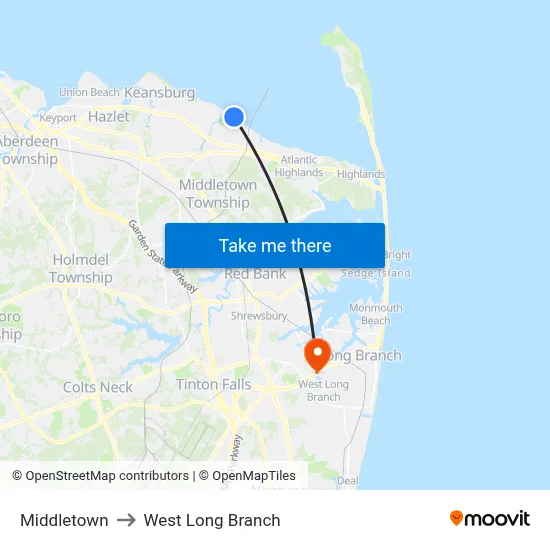 Middletown to West Long Branch map