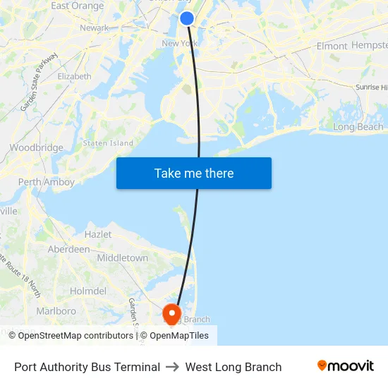 Port Authority Bus Terminal to West Long Branch map