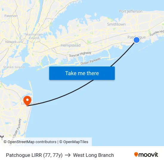 Patchogue LIRR (77, 77y) to West Long Branch map