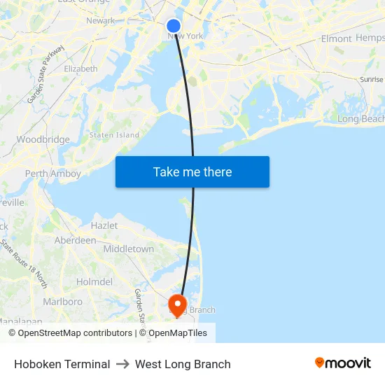 Hoboken Terminal to West Long Branch map