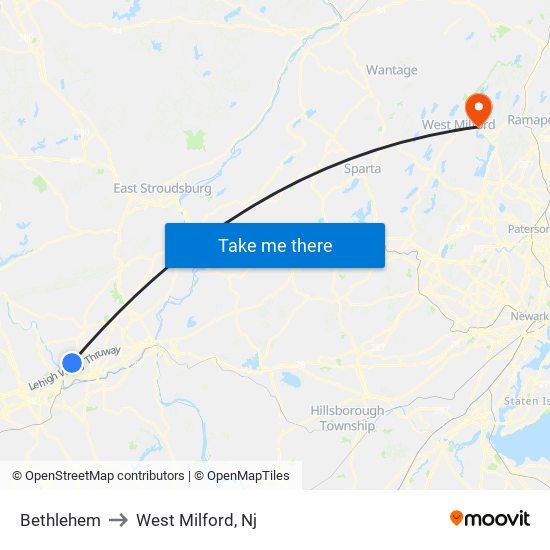 Bethlehem to West Milford, Nj map