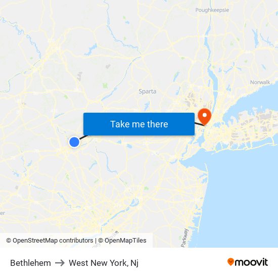 Bethlehem to West New York, Nj map