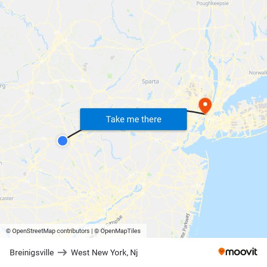 Breinigsville to West New York, Nj map