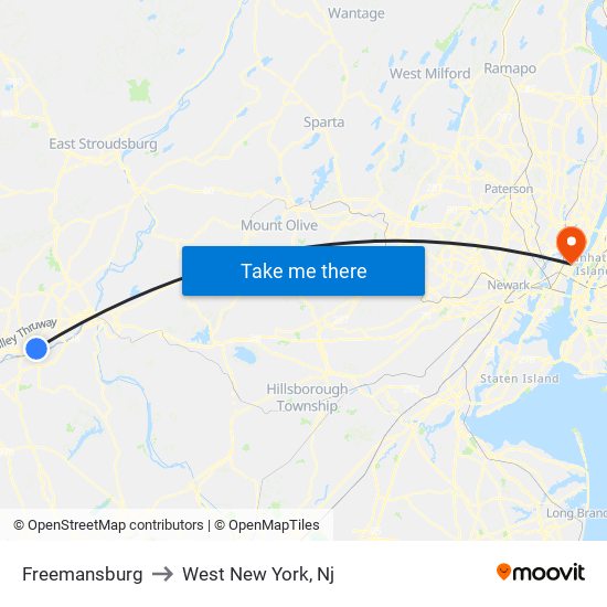 Freemansburg to West New York, Nj map