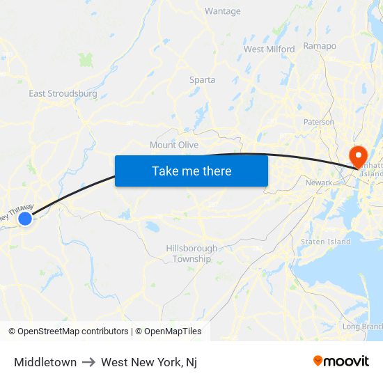 Middletown to West New York, Nj map