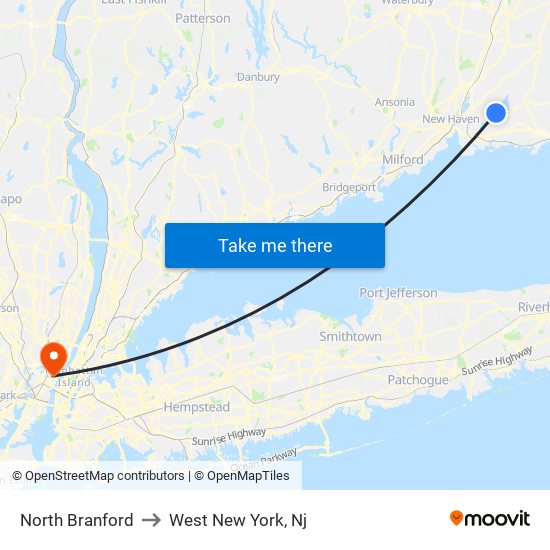 North Branford to West New York, Nj map