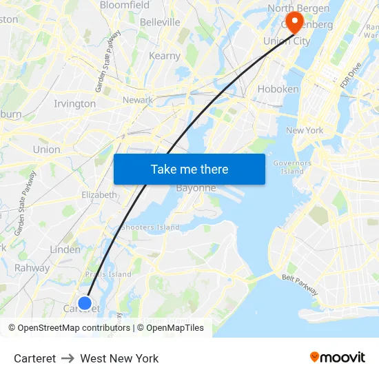 Carteret to West New York map