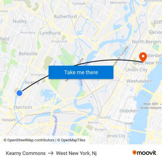 Kearny Commons to West New York, Nj map