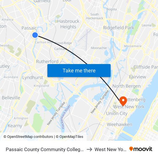 Passaic County Community College-Passaic to West New York, Nj map