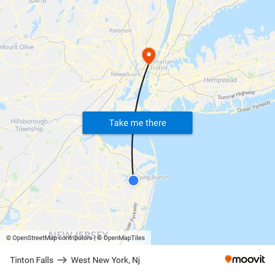 Tinton Falls to West New York, Nj map