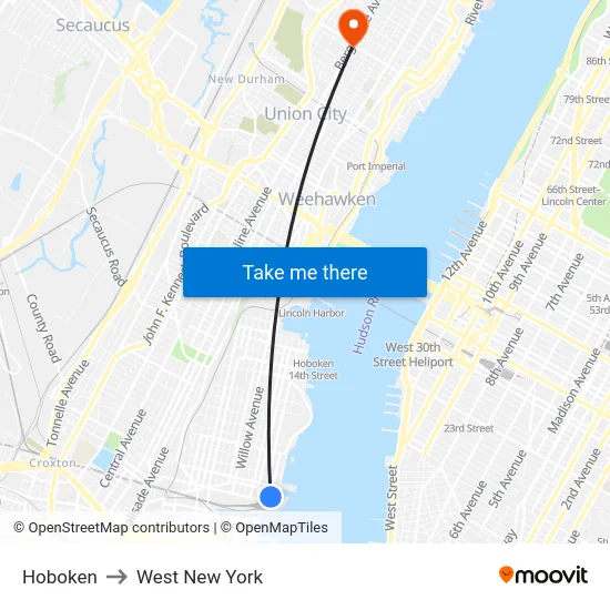 Hoboken to West New York map