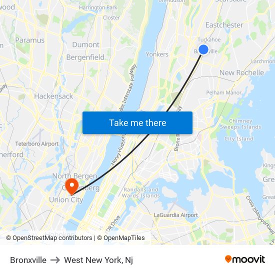 Bronxville to West New York, Nj map