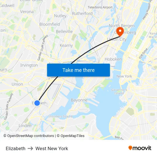 Elizabeth to West New York map