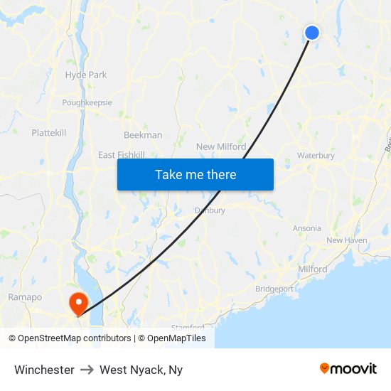 Winchester to West Nyack, Ny map