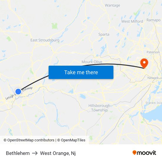 Bethlehem to West Orange, Nj map