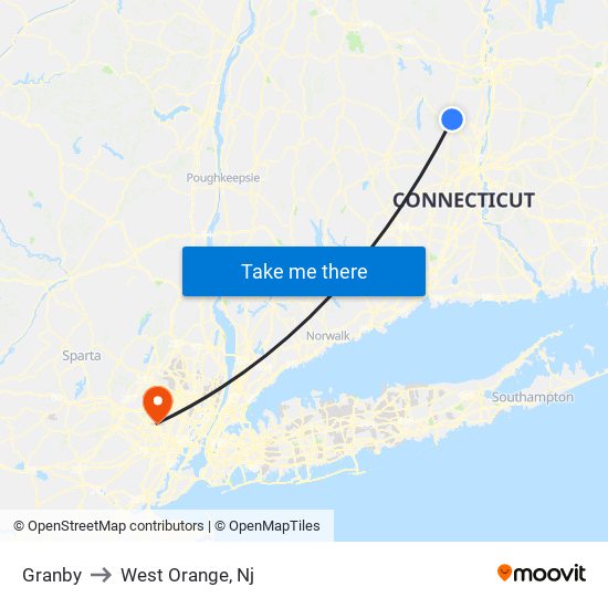 Granby to West Orange, Nj map