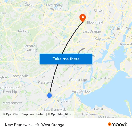 New Brunswick to West Orange map