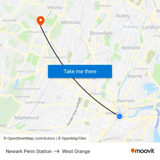 Newark Penn Station to West Orange map