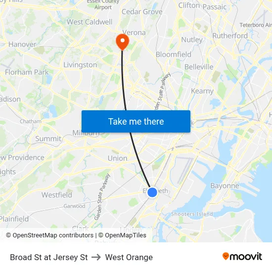Broad St at Jersey St to West Orange map