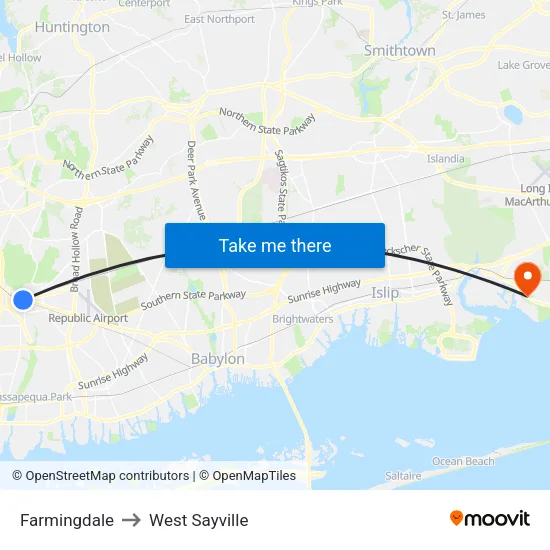 Farmingdale to West Sayville map