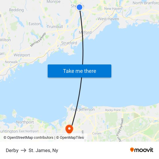 Derby to St. James, Ny map