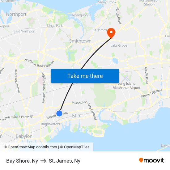 Bay Shore, Ny to St. James, Ny map