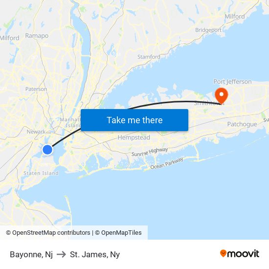Bayonne, Nj to St. James, Ny map
