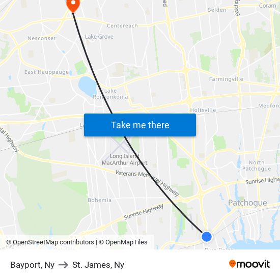 Bayport, Ny to St. James, Ny map