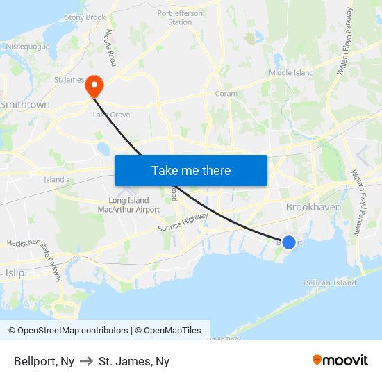 Bellport, Ny to St. James, Ny map