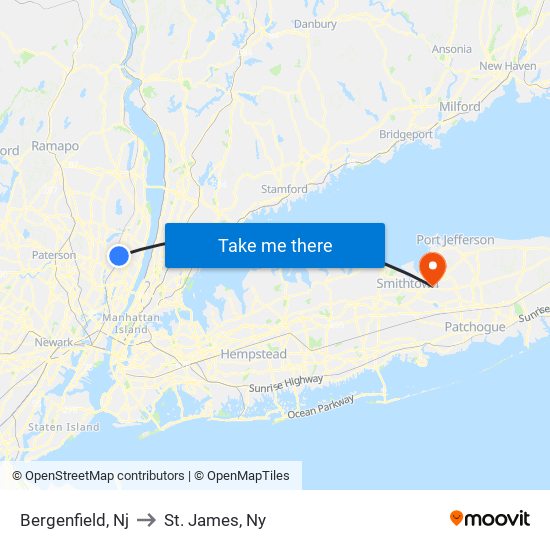 Bergenfield, Nj to St. James, Ny map