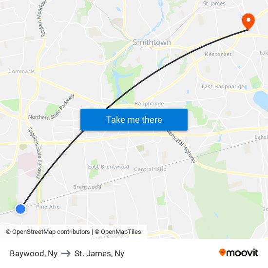 Baywood, Ny to St. James, Ny map