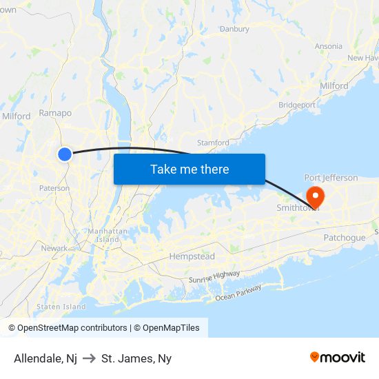 Allendale, Nj to St. James, Ny map