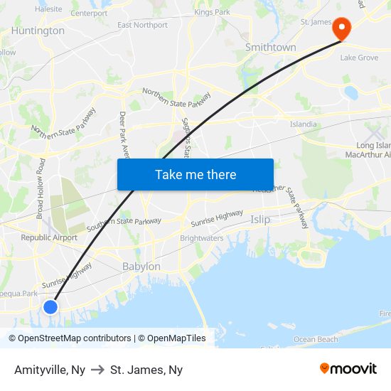 Amityville, Ny to St. James, Ny map