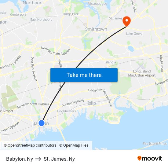 Babylon, Ny to St. James, Ny map