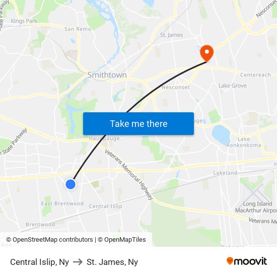 Central Islip, Ny to St. James, Ny map