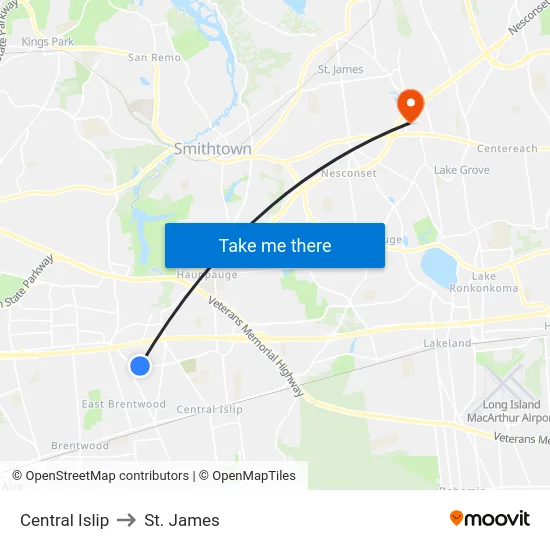 Central Islip to St. James map