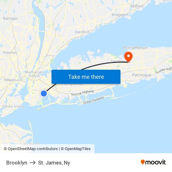 Brooklyn to St. James, Ny map