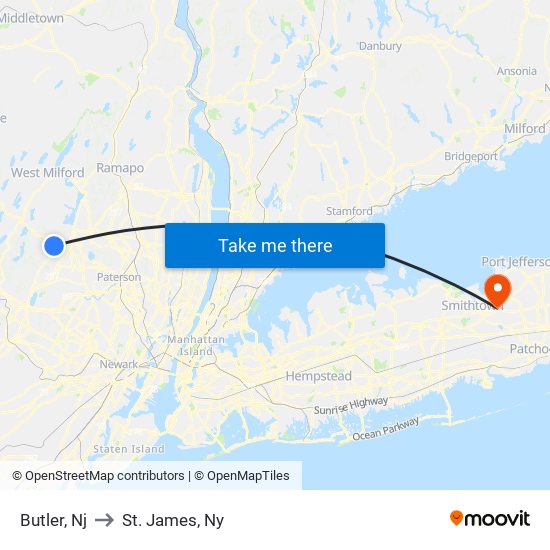 Butler, Nj to St. James, Ny map